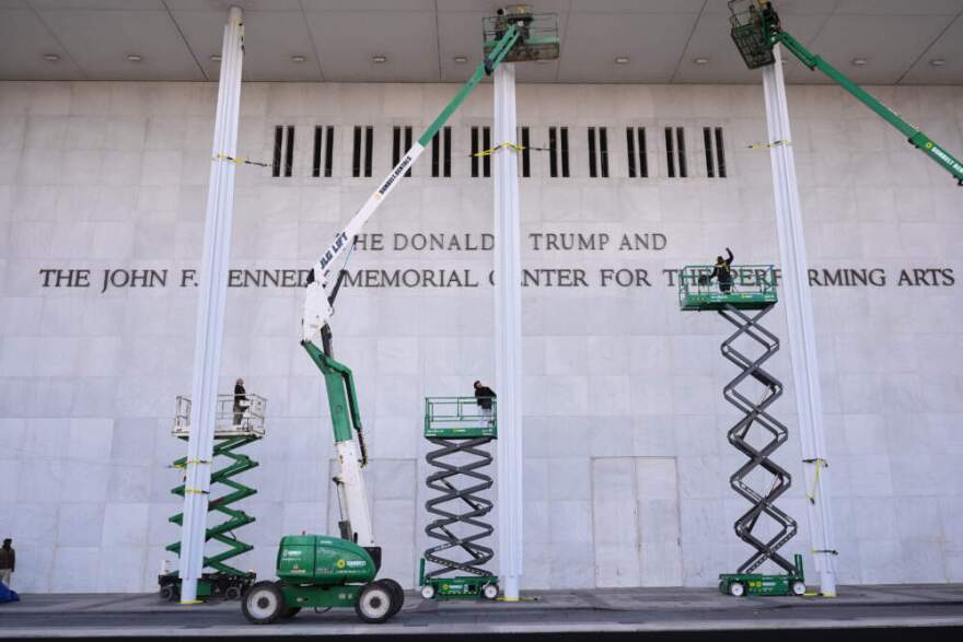 New signage, The Donald J. Trump and The John F. Kennedy Memorial Center For The Performing Arts, is unveiled on the Kennedy Center, Friday, Dec. 19, 2025, in Washington. (Jacquelyn Martin/AP)
