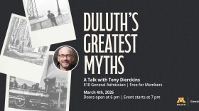 Poster for "Duluth's Greatest Myths" presentation by Tony Dierckins; three black and white images and a profile picture of the speaker