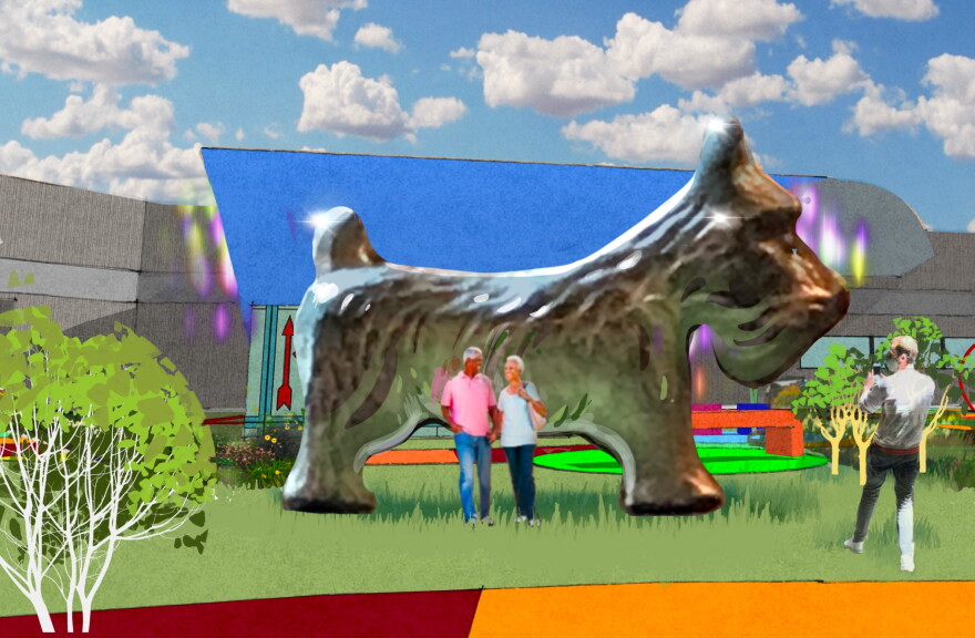 Rendering shows a larger-than-life, chrome Scotty dog like the Monopoly play piece. It is among the items to be included in a new Hasbro Game Park to be built on the south side of The Strong National Museum of Play fronting Howell Street, where the temporary entrance is today.