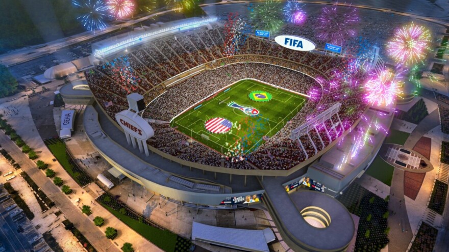 Renderings of GEHA Field at Arrowhead Stadium included in Kansas City's bid for the 2026 World Cup.