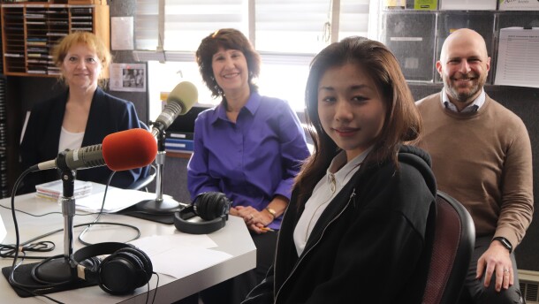Left to right: WDIY Classics host Karen El-Chaar, Conductor Diane Wittry, violin soloist Mio Imai, and Interim Associate Conductor Jordan Smith.