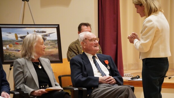 John Homan (center) received the French Legion of Honor medal at a ceremony Wednesday. To the left is his daughter Kimberly Homan, and to the right is Caroline Monvoisin, the French Consul General who presented the honor. 