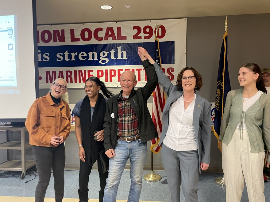  Val Hoyle, second from right, declared victory in the race for Oregon's Fourth Congressional District on Tuesday night. On Hoyle's right is Rep. Peter DeFazio, the Springfield Democrat who is retiring after 36 years in office. 