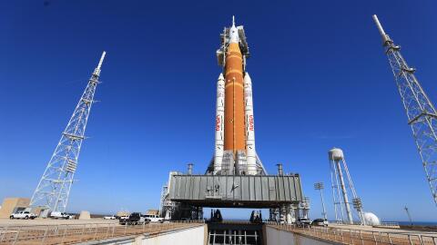 NASA's Space Launch System rocket and Orion spacecraft at the Kennedy Space Center.