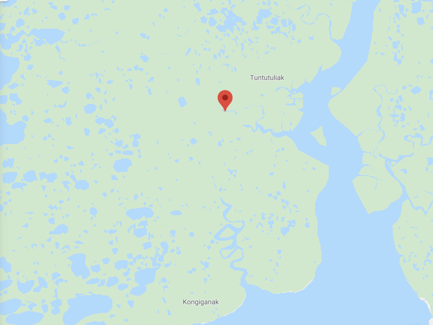 The red pin shows the location of the Tagayarak River near Tuntutuliak, Alaska.