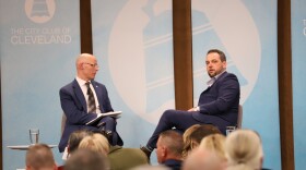 Dan Moulthrop (left) leads a forum with Aaron Baer, President of the Center for Christian Virtue, at The City Club of Cleveland on Jan. 16, 2026.