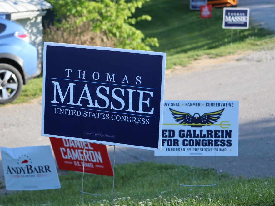 Yard signs outside the Pendleton Hills Country Club in Butler, Ky., ahead of the 2026 primary election.