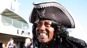 A pirate costumed fan of the Oakland Raiders shows his support prior to the NFL game against the Denver Broncos at McAfee Coliseum in Oakland, California.