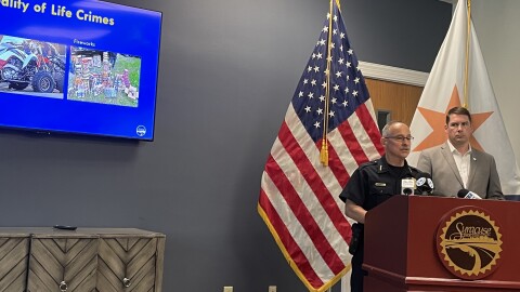 Syracuse Police Chief Joseph Cecile discusses quality of life crime during a community briefing alongside Syracuse Mayor Ben Walsh.