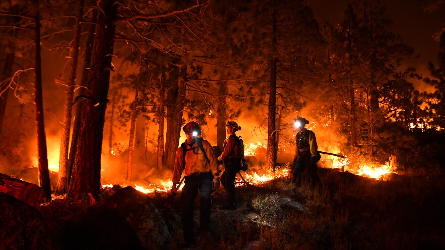 Lake Tahoe, CA. September 2, 2021: Firefighters battle the Caldor fire along highway 89 west of Lake Tahoe Thursday.