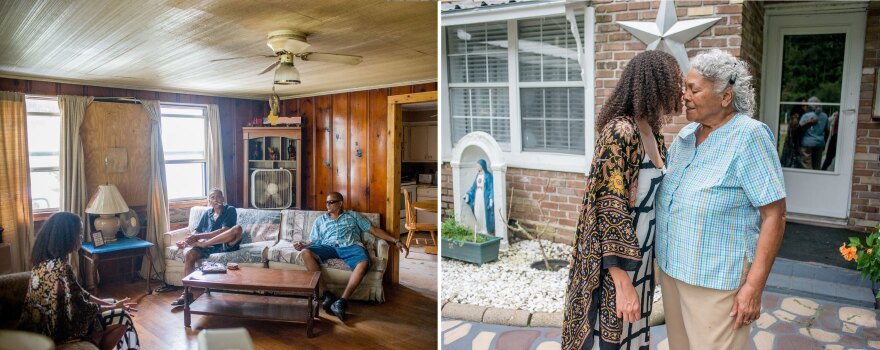 (Left) Jesmyn Ward, left, talks with her uncles in the house where she grew up. (Right) Jesmyn Ward and her grandmother.