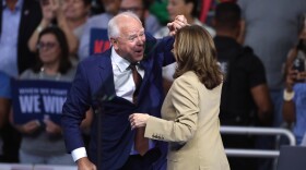 Governor Tim Walz and Vice President of the United States Kamala Harris speaking at a campaign rally at Desert Diamond Arena in Glendale, Arizona.