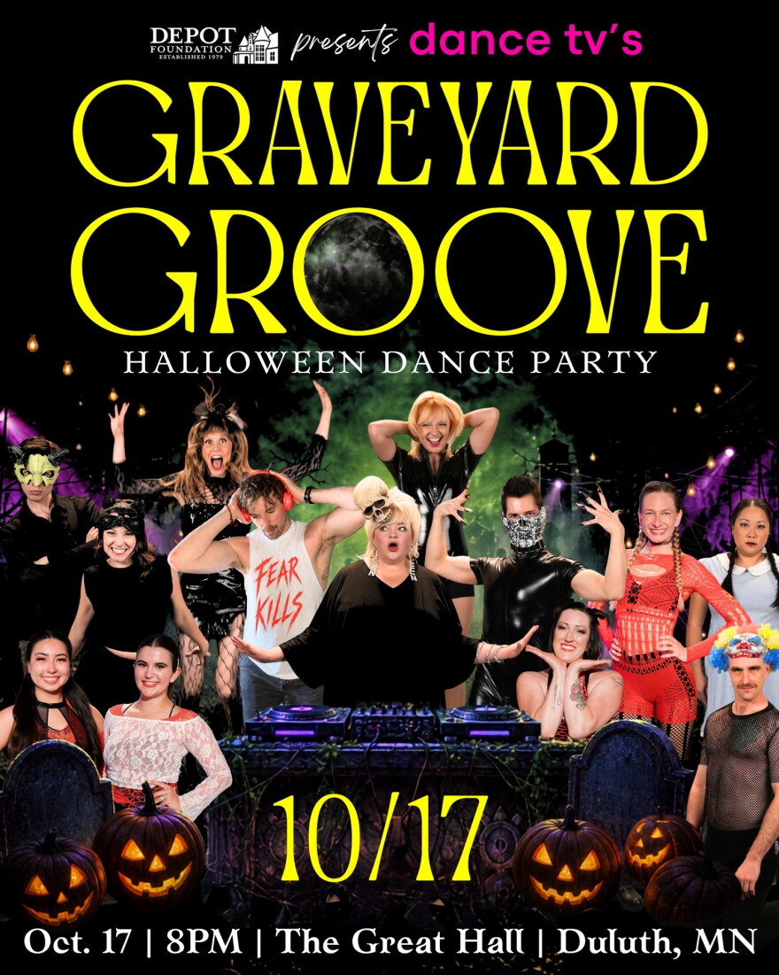 Poster for "Graveyard Groove"; a collection of people around a Halloween themed DJ set-up