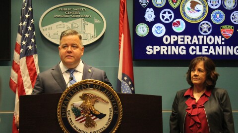 Matt Price, U.S. attorney for the Western District of Missouri, and Theresa Kenney, Jasper County prosecuting attorney, speak at a press conference in Springfield, Mo. on March 20, 2026. 