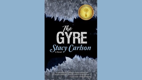 Cover of "The Gyre" by Stacy Carlson; black background with close-up images of crystalized frost on the top and bottom