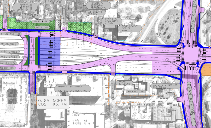 A schematic image showing the frontage roads splitting north of Dean Keeton. The southbound frontage road returns to the west side of the highway. A shaded blue stitch is shown jutting out southward from the 32nd Street bridge. The thatched green "potential enhanced aesthetic opportunity" could include landscaping, benches and shade structures, similar to other pedestrian areas of the project.