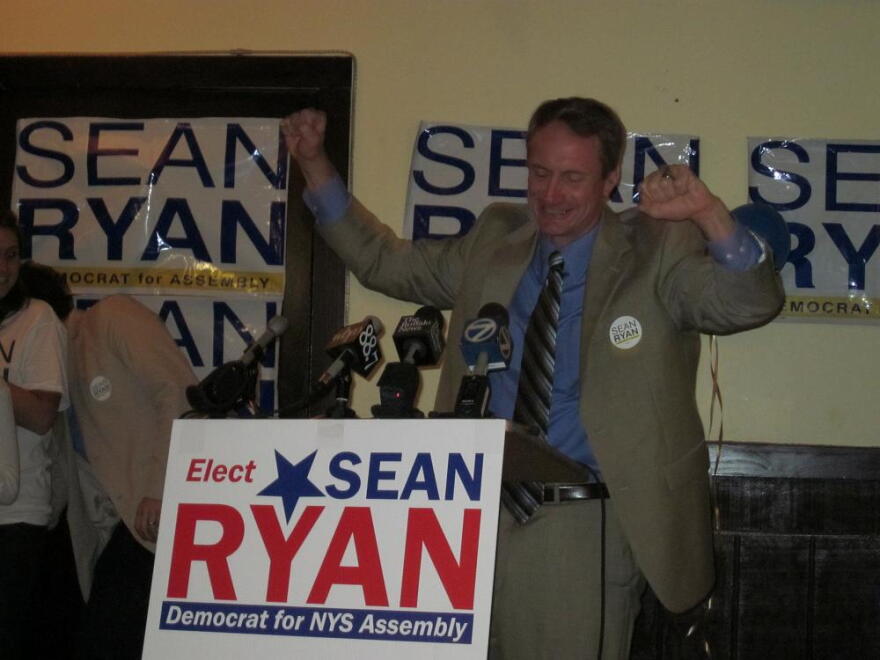 Sean Ryan happily greets supporters after unofficially winning the special election to fill the 144th State Assembly District seat. Photo by Michael Mroziak.
