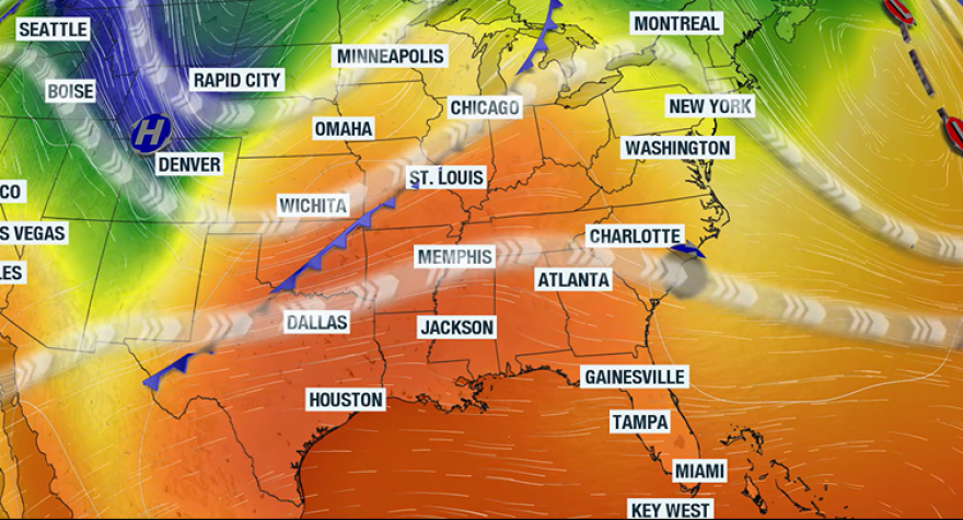 Warm weather ahead of an advancing cold front.