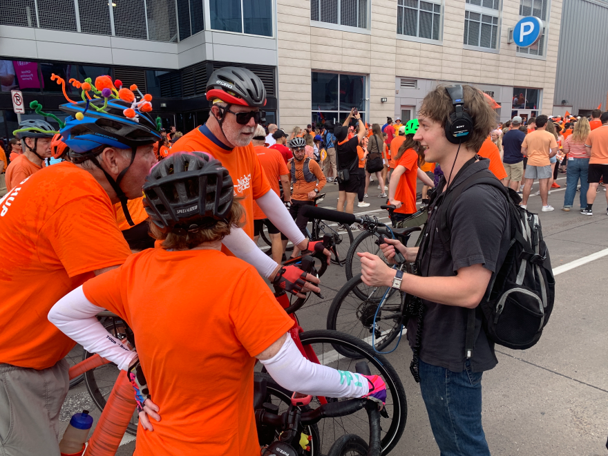 KCUR Studios intern Seth Jahraus interviews Dutch football fans at the Oranje Fanwalk on June 25, 2026.