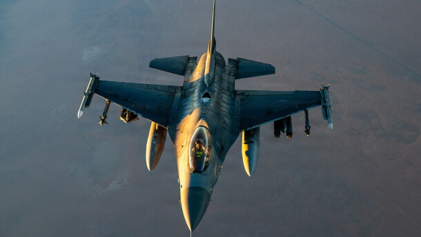 A U.S. Air Force F-16 Fighting Falcon aircraft flies in the U.S. Central Command area of responsibility on Sept. 5, 2026. The Texas Military Department said an F-16 crash landed near Interlochen Thursday while conducting routine training exercises.