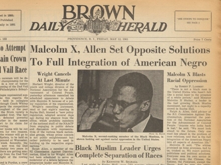 The front page of the <em>Brown Daily Herald</em> on May 12, 1961, the day after Malcolm X spoke at the university. This was the clipping that Malcolm Burnley found last year in the library archives at the university.