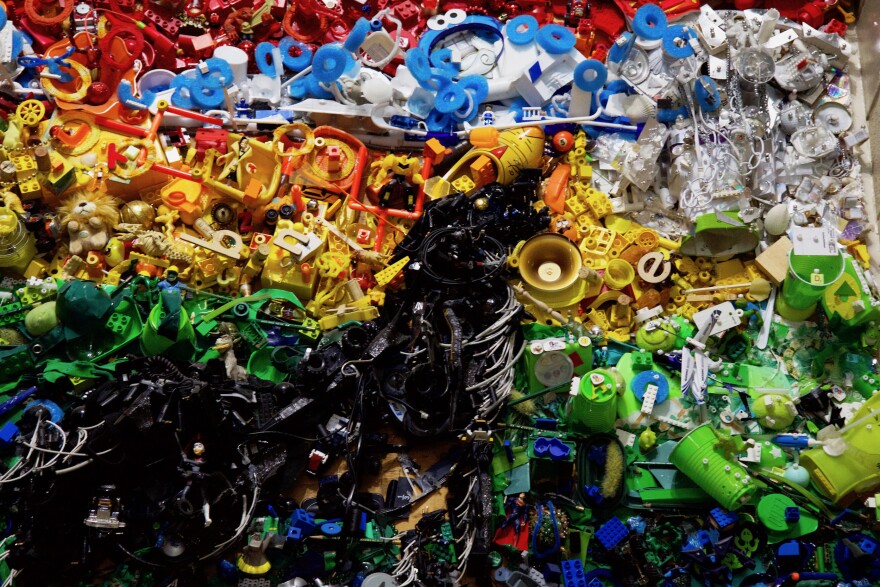 A colorful collage of junk.