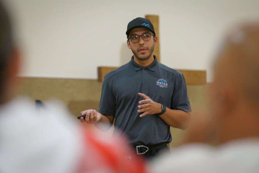 The Washington County Water Conservancy District’s Bryan Loya leads the county’s first Spanish language workshop about replacing grass lawns with less water-thirsty landscapes, March 21, 2024.