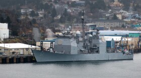The USS Lake Champlain, seen from Dead Man’s Curve near Kodiak, May 15, 2023. (Brian Venua/KMXT)