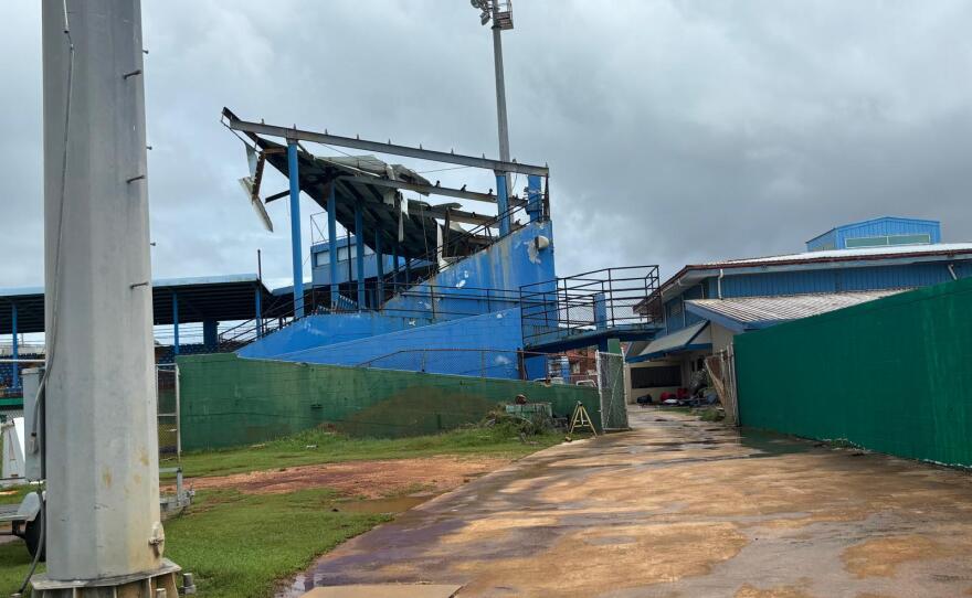 Damage at Paseo Stadium in Hagatna following the passage of Super Typhoon Bavi in Hagatna on July 7, 2026.