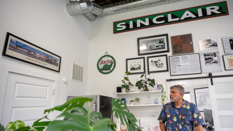 Tony Johnson, who has restored several historic buildings throughout Cache Valley, stands in his office, a renovated Sinclair gas station in River Heights, on May 5.