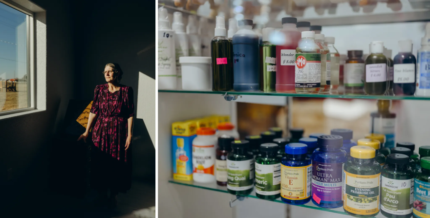 Left: Sara Janzen, owner of Family Gift Shop, stands for a portrait at the window by her checkout counter. Right: Supplements popular among Mennonites such as Wonder Oil and Arnica are displayed at the shop.