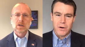 FCC Commissioner Brendan Carr, left, and U.S. Sen. Todd Young (R-Ind.) hold a video press conference to discuss expanded telehealth funding in the federal CARES Act.