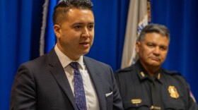 United States Attorney for the District of New Mexico Alex Uballez (left) address the media as Albuquerque Police Chief Harold Medina (right) looks on
