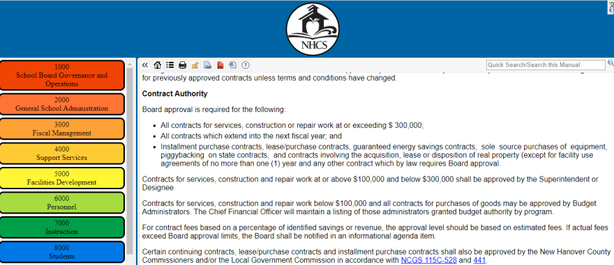 NHCS Board Policy 3410 dictates when the board has to sign off on contracts.