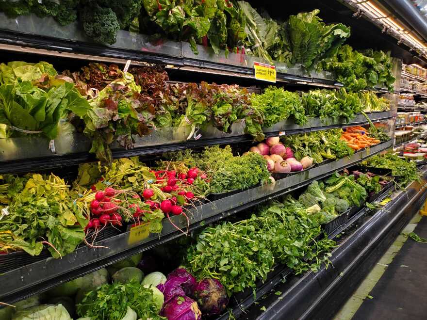 Fresh, assorted vegetables in the produce aisle at Food Zone International Supermarket in Springfield, Massachusetts.