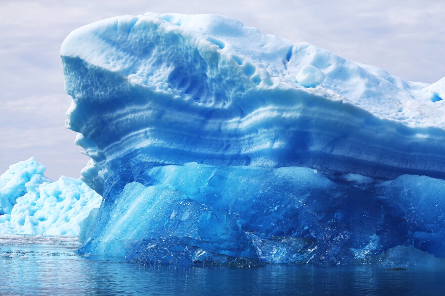Calved icebergs from the nearby Twin Glaciers float off the coast of Qaqortoq, Greenland in 2013.