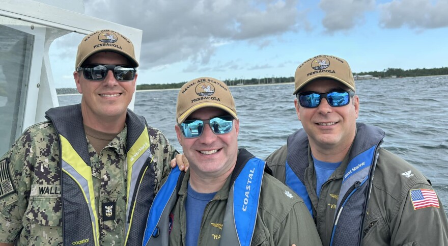 Naval Air Station (NAS) Pensacola Commanding Officer Capt. Terry ‘Village’ Shashaty; NAS Pensacola Executive Officer Cmdr. Nick ‘Rabbit’ Alfano; and NAS Pensacola Command Master Chief Jim Wallace boarded a harbor pilot vessel to meet USS Richard M. McCool, Jr. (LPD 19) Aug. 30.