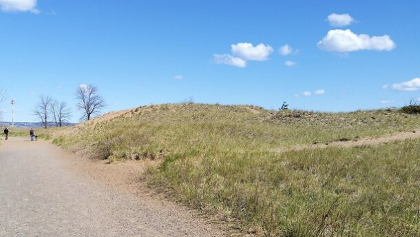 A dirt road next to grass-covered sand dunes under a blue sky