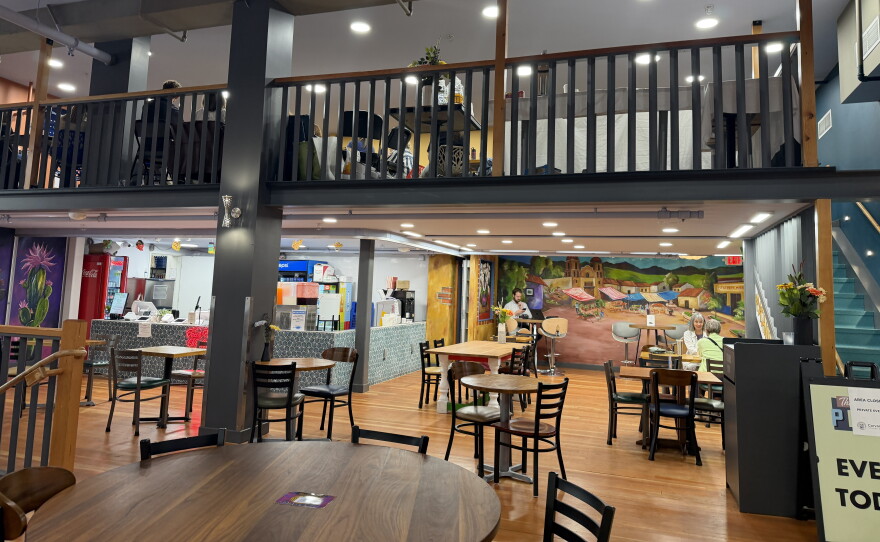A seating area and upstairs event space at The Plaza, Aug. 26, 2026.