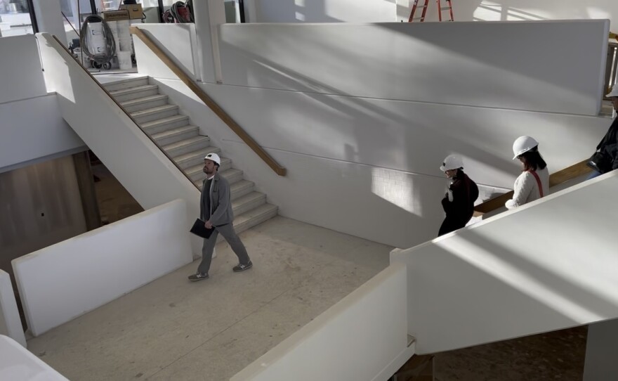 The former lobby of MCA's Rust Hall was partially walled in for student exhibition space. Now, natural light will flood in from windows to the east, west and a skylight above.