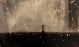 Westward #13 (Westward the Star of Empire Takes its Way), tar, oil, gold leaf on wood, antique frame, 15 x 30.jpeg