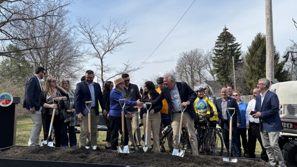 (Left to right) Northeast Ohio Areawide Coordinating Executive Director and CEO Grace Gallucci, City of Rocky River Service Director Rich Snyder, Cuyahoga County Councilmember Dale Miller, City of Lakewood Mayor Meghan George and Cuyahoga County Executive Chris Ronayne break ground on the Lake-Clifton Connector project on Tuesday, March 31st, 2026.