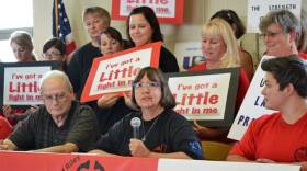 Recently retired IU Methodist Hospital nurse Cindy Wood as a pro-union rally Friday.