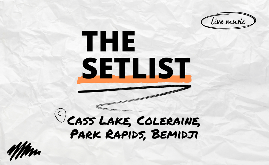 "The Setlist" and "Cass Lake, Coleraine, Park Rapids, Bemidji" over a crumpled paper background