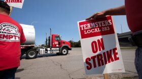 Teamsters Union members picket at the Marathon Petroleum Detroit refinery in Detroit, Michigan.