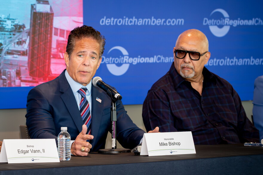 Republican former Congressman Mike Rogers speaks at a Detroit Regional Chamber event.
