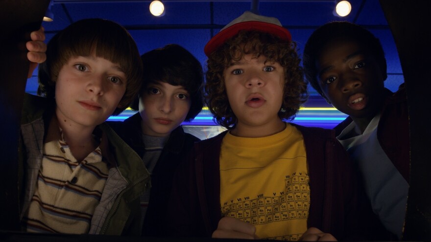 Noah Schnapp, Finn Wolfhard, Gaten Matarazzo, and Caleb Mclaughlin in <em>Stranger Things 2</em>.