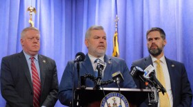 Del. Mike Griffith (center) speaks on his proposed legislation 'Kanaiyah's Law' beside House Republican Leader Jason Buckel (left) and House Republican Whip Jesse Pippy (right) on Thursday in the House Office Building in Annapolis, Md.