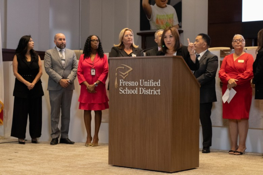 FUSD Superintendent Misty Her speaks at a news conference on Sep. 3 regarding the return of centrally funded trips for students.