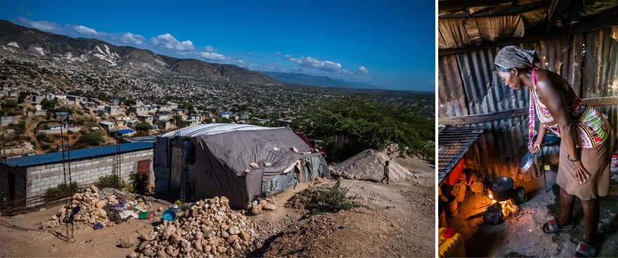 Elizabonne Casseus built this shelter (left) using surplus USAID tarps she purchased. She prepares a pot of beans for the more than a dozen people who stay in this shelter.